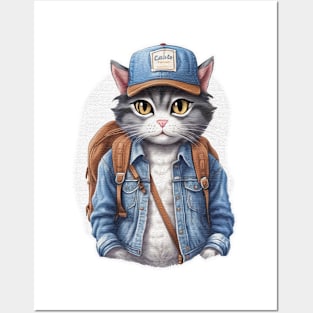 Cute street street cat wearing a hoodie and a backpack Posters and Art